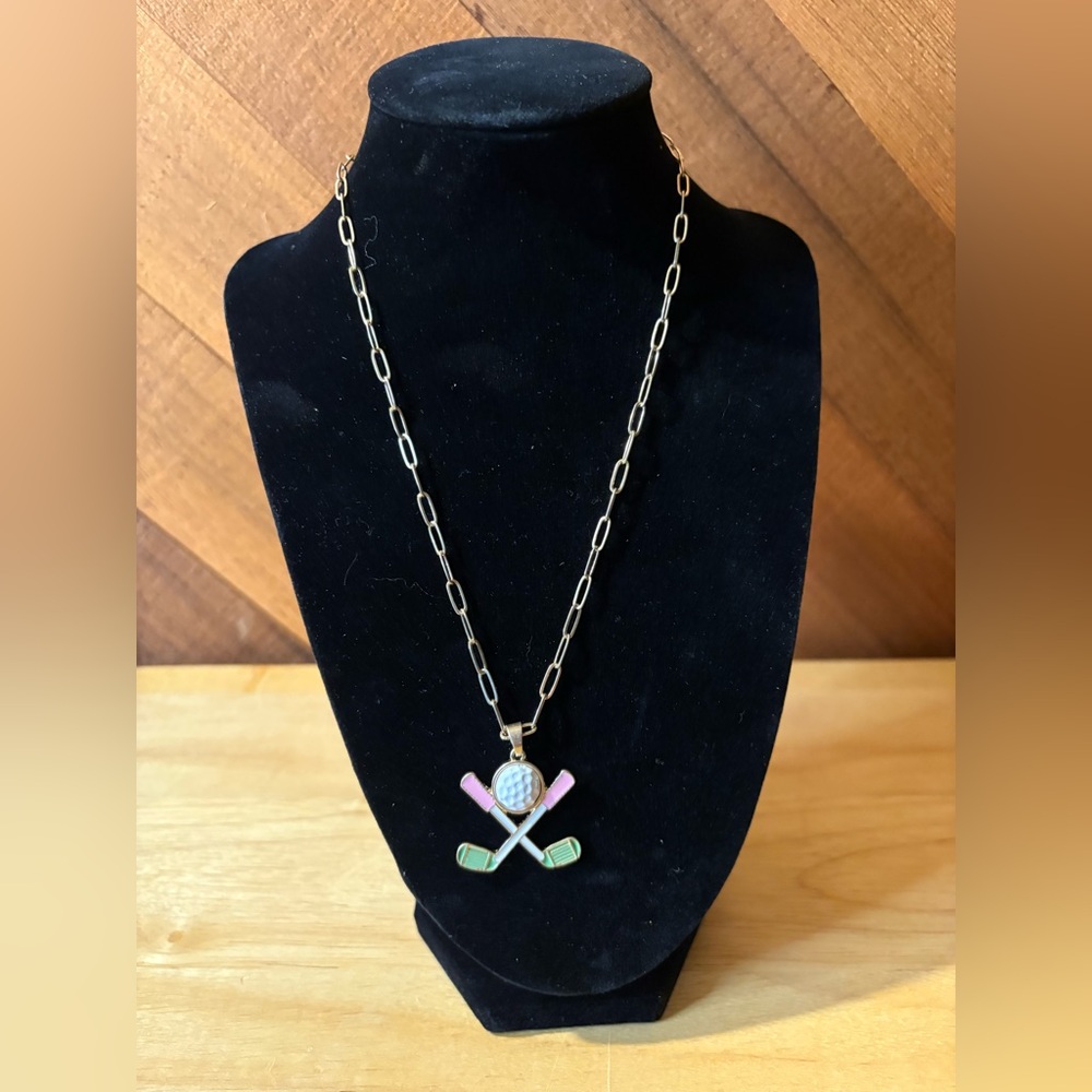Vintage Canvas Style Golf Necklace Enamel Crossed Clubs Pendant